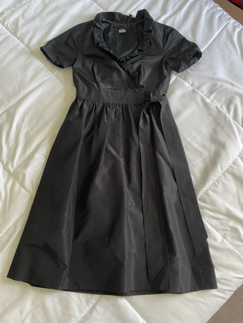 NWOT J. Crew Black 100% silk Midi wrap Dress with Ruffle Detail